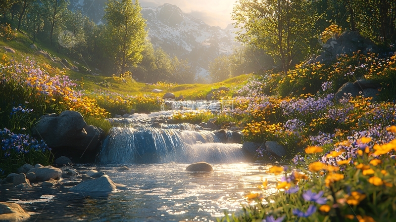 高清大图下载【趣麦麦图】阳光下的溪流花田