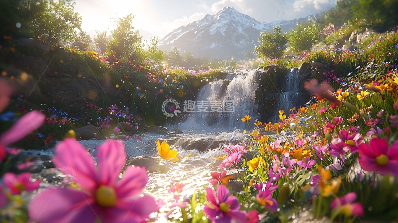 高清大图下载【趣麦麦图】阳光瀑布鲜花山脉