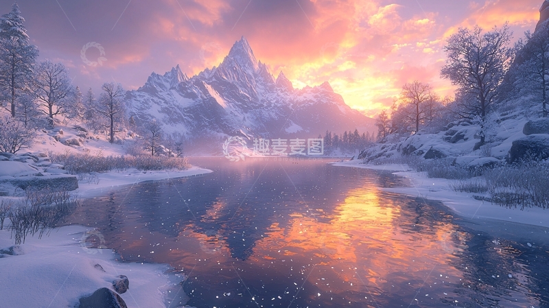 高清大图下载【趣麦麦图】雪山日落湖泊倒影