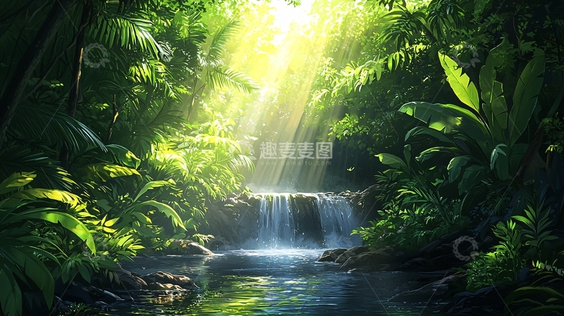 高清大图下载【趣麦麦图】阳光透过丛林瀑布