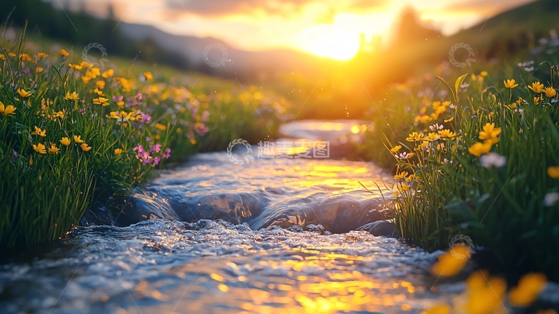 高清大图下载【趣麦麦图】夕阳西下花海溪流