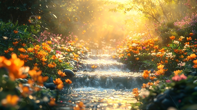 高清大图下载【趣麦麦图】阳光森林小溪花海