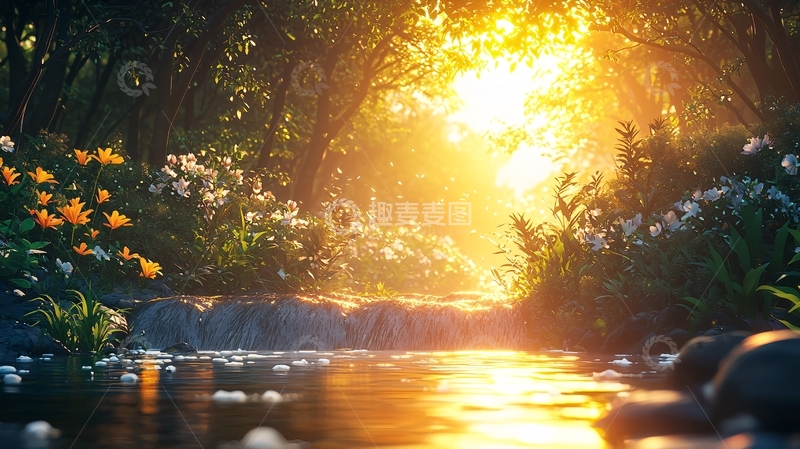 高清大图下载【趣麦麦图】森林小溪日落