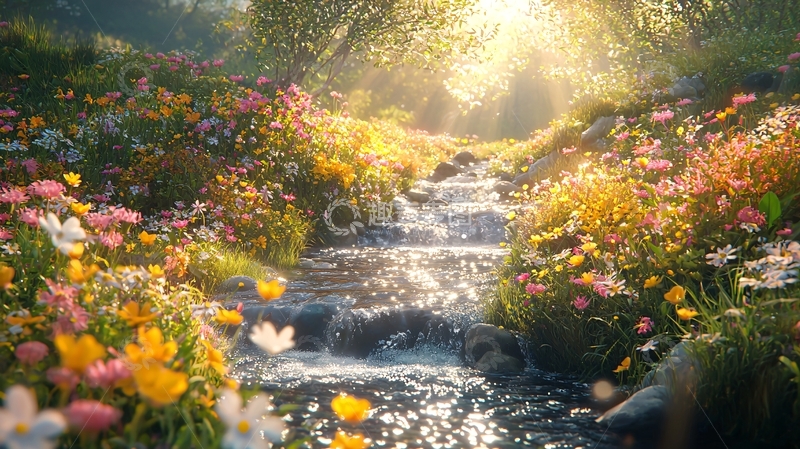 高清大图下载【趣麦麦图】阳光森林溪流鲜花