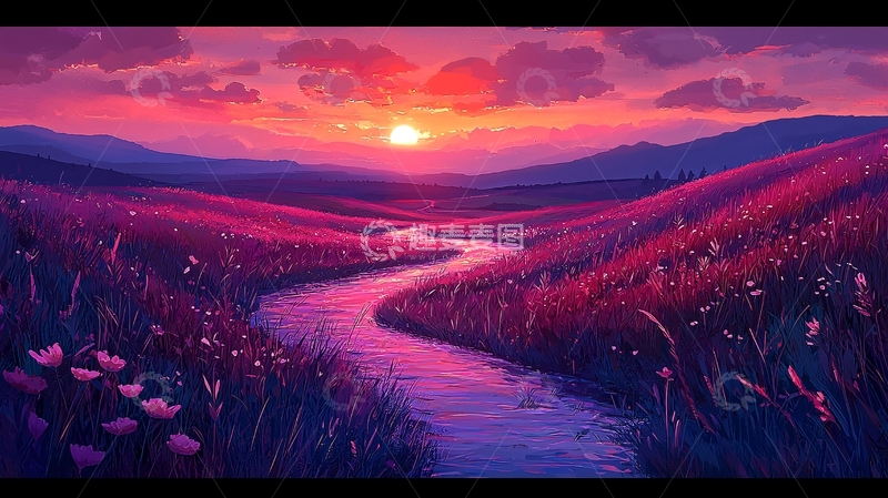 高清大图下载【趣麦麦图】梦幻紫色夕阳下的田园河流