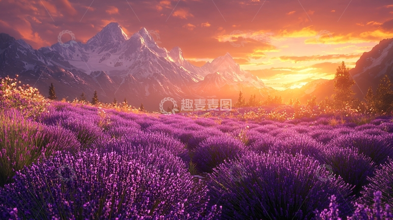 高清大图下载【趣麦麦图】落日余晖下的薰衣草田