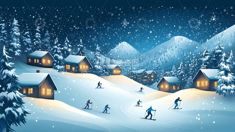 高清大图下载【趣麦麦图】雪夜山村滑雪图