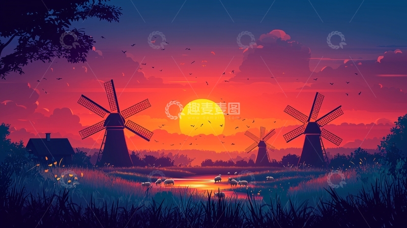 高清大图下载【趣麦麦图】日落风车田园风光