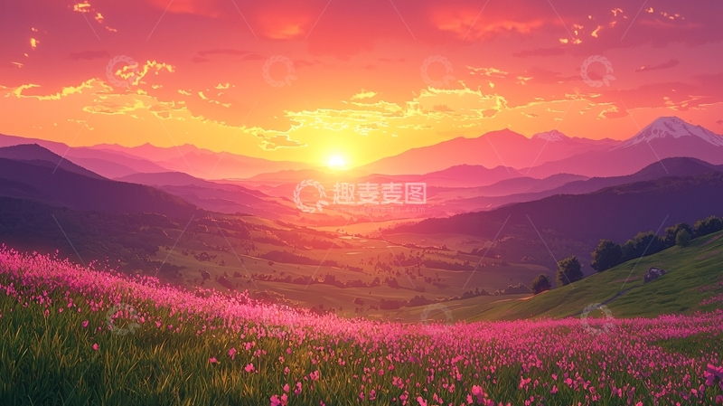 高清大图下载【趣麦麦图】梦幻粉色日出山峦花海