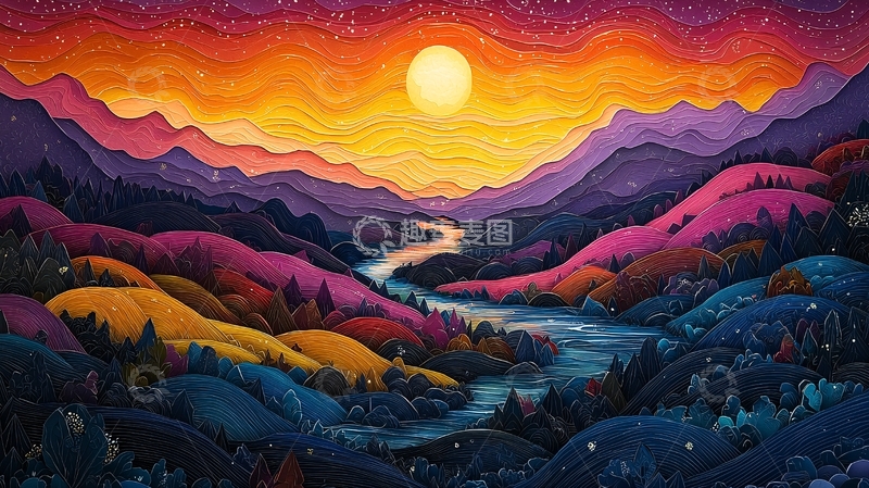 高清大图下载【趣麦麦图】彩色山脉河流日落
