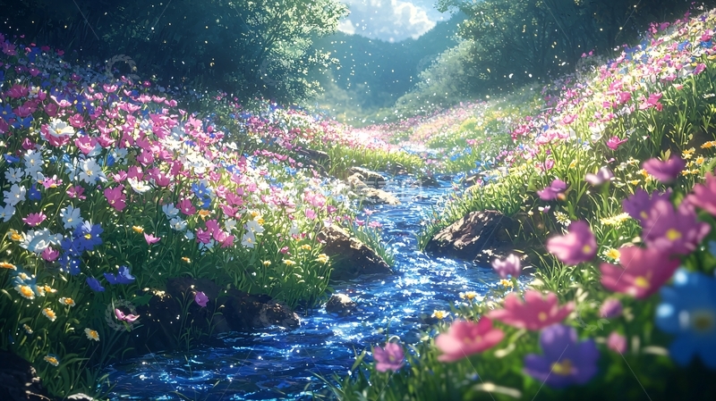 高清大图下载【趣麦麦图】梦幻花海溪流