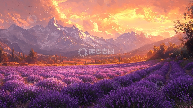 高清大图下载【趣麦麦图】夕阳下薰衣草花田与雪山