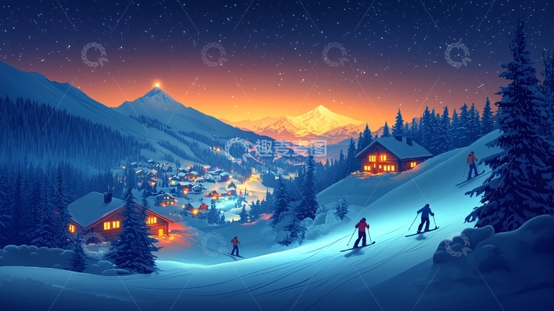 高清大图下载【趣麦麦图】雪山小镇夜景