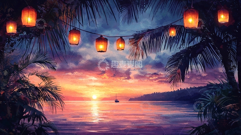 高清大图下载【趣麦麦图】热带海滩落日灯笼