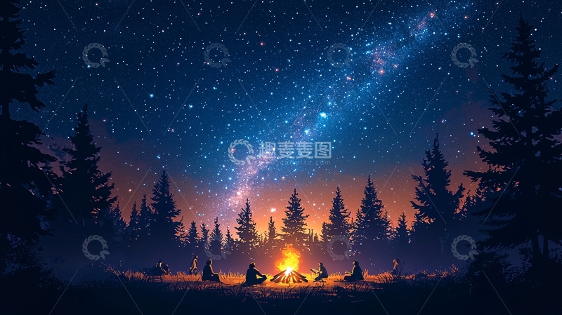 高清大图下载【趣麦麦图】星空篝火森林