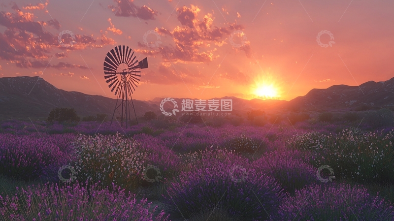 高清大图下载【趣麦麦图】夕阳下的薰衣草田和风车