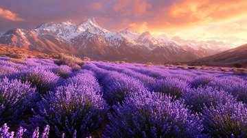 雪山日落薰衣草田