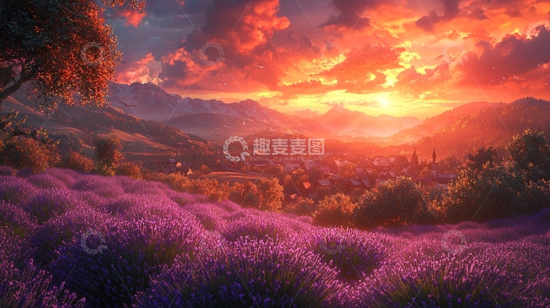 高清大图下载【趣麦麦图】夕阳下的薰衣草田园风光