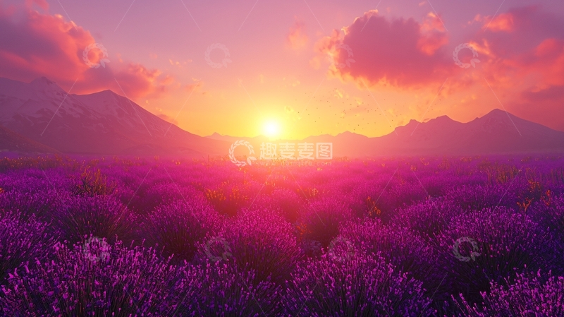高清大图下载【趣麦麦图】紫色薰衣草田日落