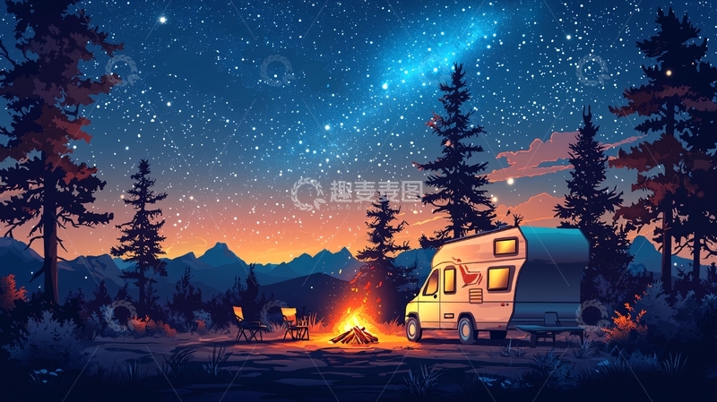 高清大图下载【趣麦麦图】星空下的房车露营