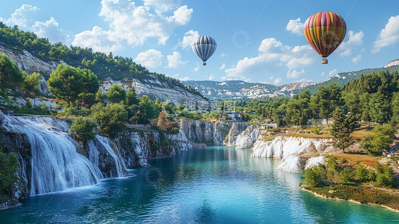 高清大图下载【趣麦麦图】热气球飞跃瀑布