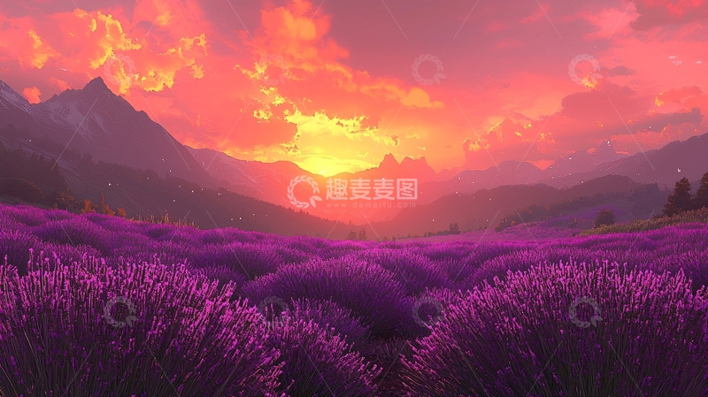 高清大图下载【趣麦麦图】薰衣草田夕阳下的山脉