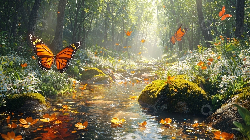 高清大图下载【趣麦麦图】森林小溪蝴蝶