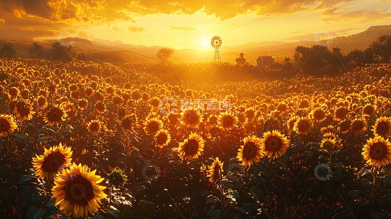 高清大图下载【趣麦麦图】夕阳下向日葵花田