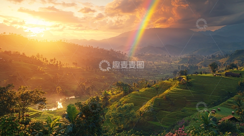 高清大图下载【趣麦麦图】日出彩虹山峦田园风光