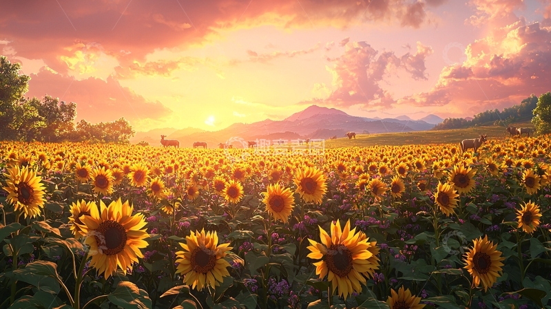 高清大图下载【趣麦麦图】向日葵花海日落