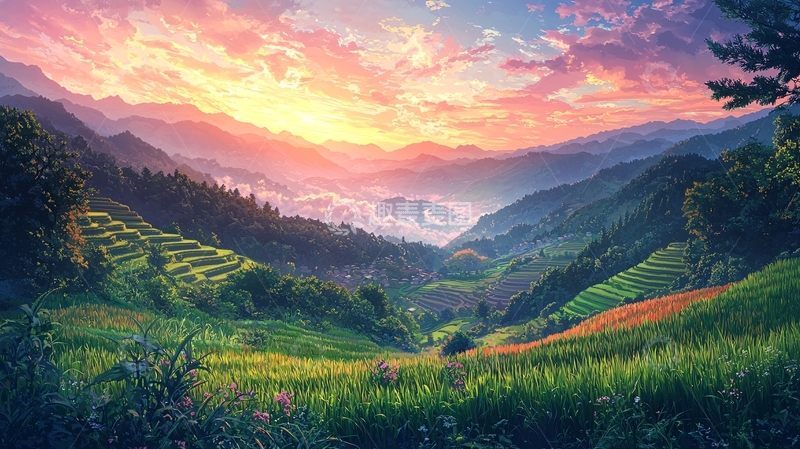 高清大图下载【趣麦麦图】日出云海梯田美景