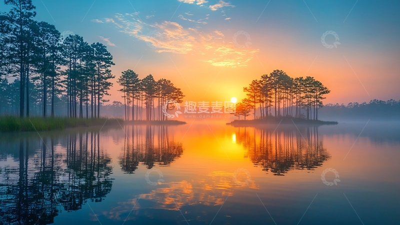 高清大图下载【趣麦麦图】清晨湖泊日出景色