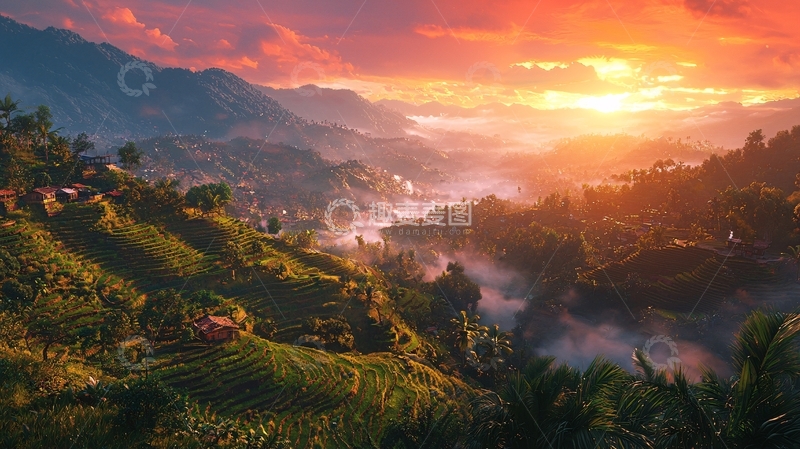高清大图下载【趣麦麦图】山峦日出云海梯田