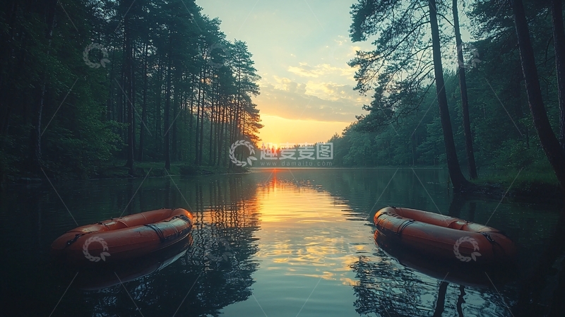 高清大图下载【趣麦麦图】夕阳西下湖边两艘橡皮艇
