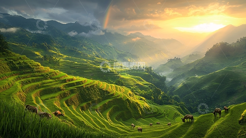 高清大图下载【趣麦麦图】梯田日落美景