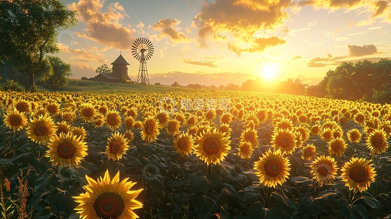高清大图下载【趣麦麦图】向日葵田园日落风车