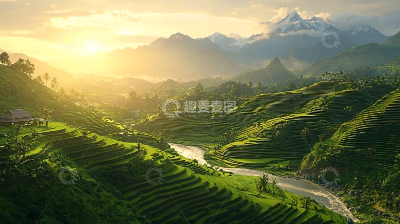 高清大图下载【趣麦麦图】日出山峦梯田景色