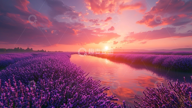 高清大图下载【趣麦麦图】薰衣草田夕阳美景