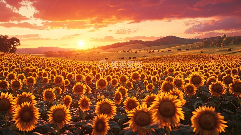 高清大图下载【趣麦麦图】向日葵花田落日余晖