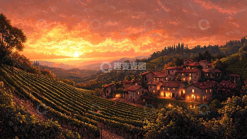 高清大图下载【趣麦麦图】夕阳下的葡萄园小镇