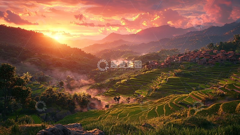 高清大图下载【趣麦麦图】日落山谷梯田景色