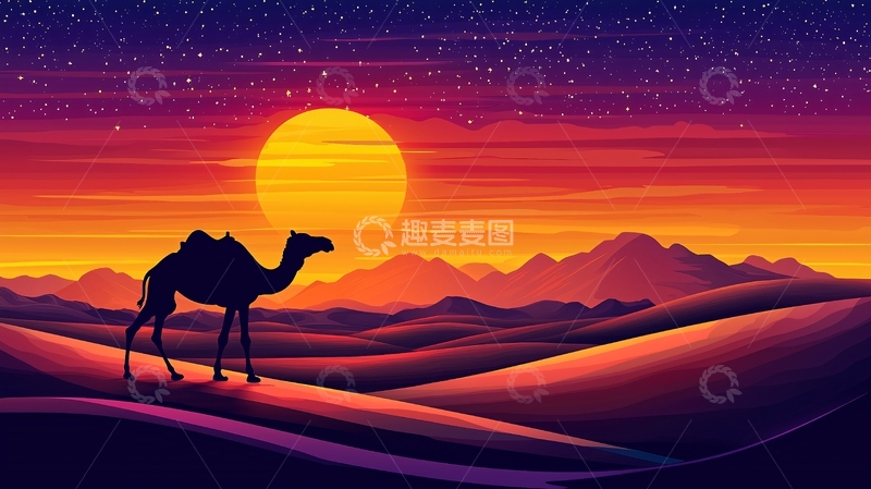 高清大图下载【趣麦麦图】沙漠落日驼影