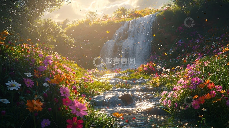 高清大图下载【趣麦麦图】阳光森林瀑布花海