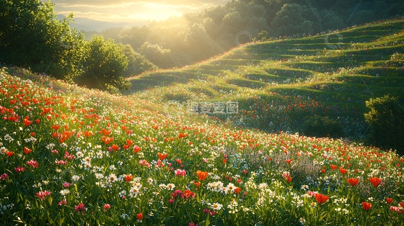 高清大图下载【趣麦麦图】阳光洒满山坡花海