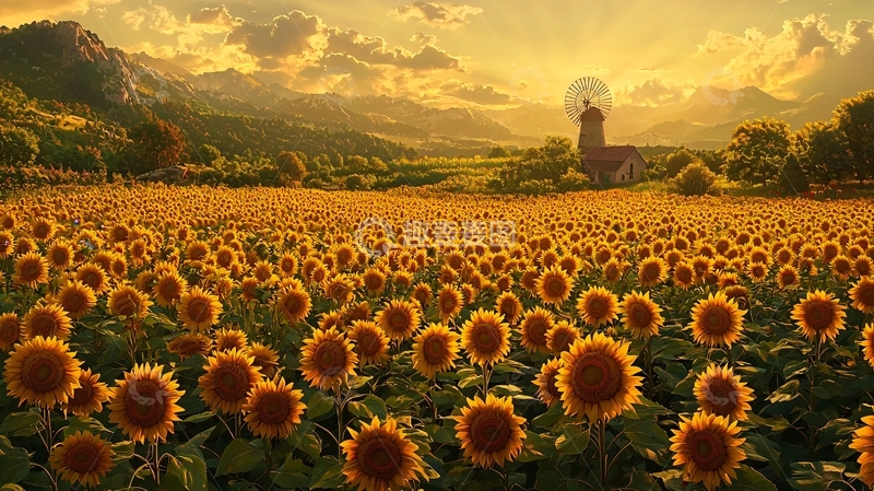 高清大图下载【趣麦麦图】夕阳下的向日葵田