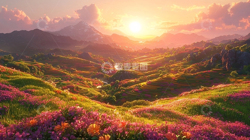 高清大图下载【趣麦麦图】日出山峦花海田园