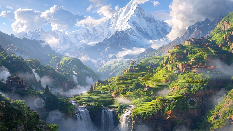 高清大图下载【趣麦麦图】雪山峡谷瀑布仙境