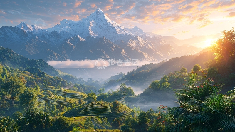 高清大图下载【趣麦麦图】日出雪山山谷景色