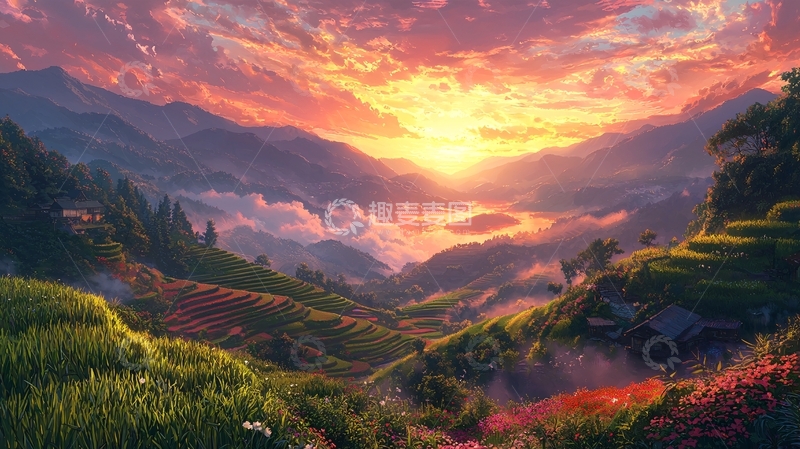 高清大图下载【趣麦麦图】山峦日出云海梯田