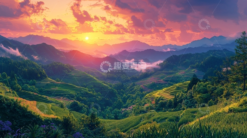 高清大图下载【趣麦麦图】日出山峦梯田美景